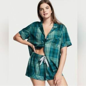 ✨VICTORIA'S SECRET Flannel Short Pajama Sz Small Shorts Sea Salt Green Plaid✨